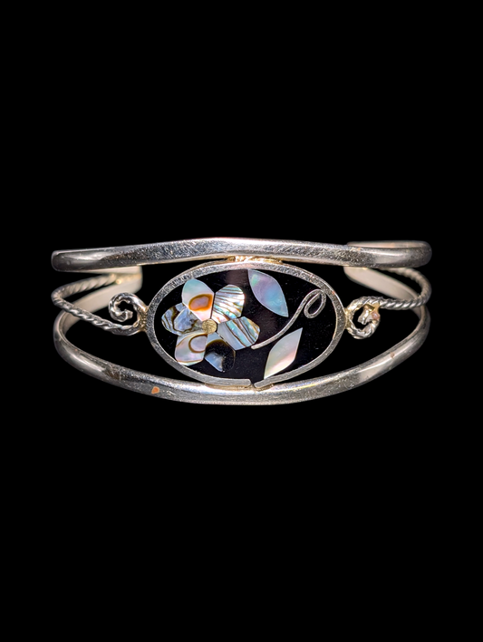 Vintage Flower Motif Abalone Inlay Enamel Alpaca Silver Cuff Bracelet