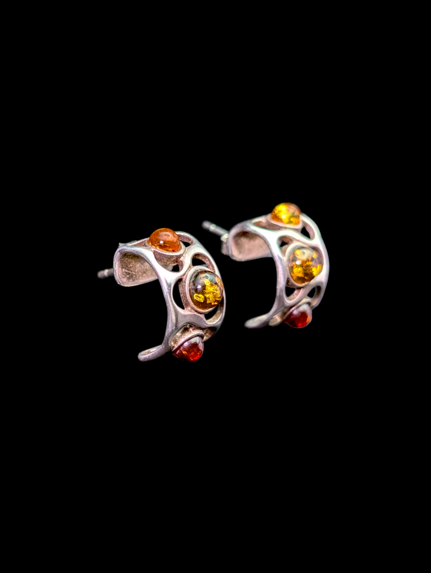 Vintage Cuff Style Genuine Tri-Color Amber Sterling Silver Earrings