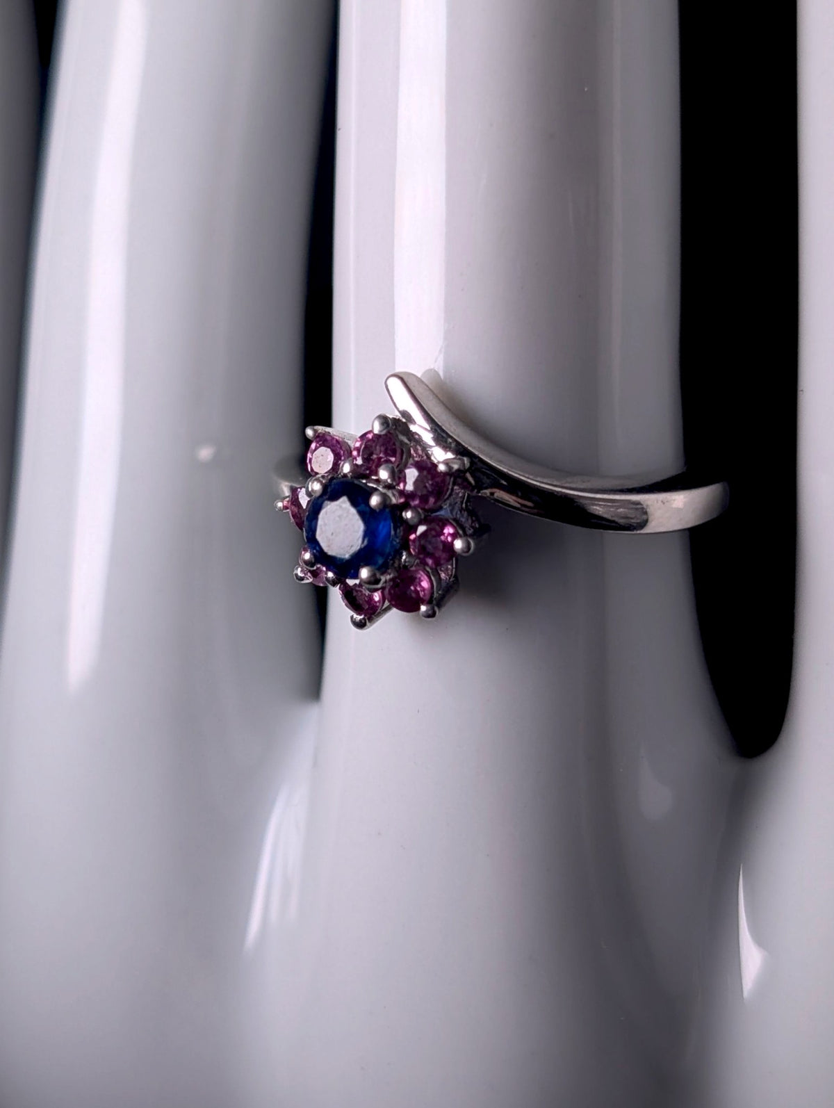 Vintage Dainty Flower Genuine Blue Sapphire and Simulated Pink Sapphire Halo Sterling Silver Stackable Ring