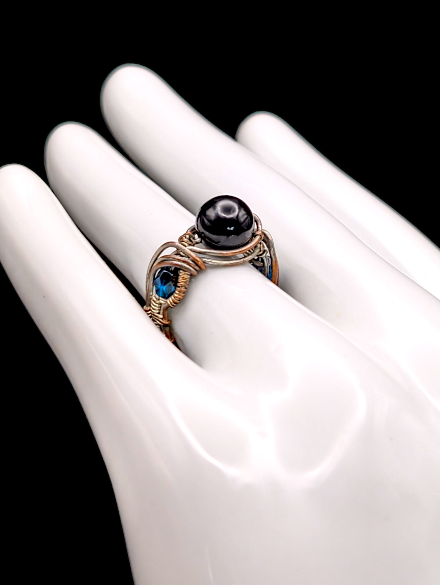 Vintage Black Agate Bead Copper Wire Wrapped Bead Ring