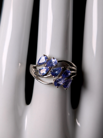 Vintage Waterfall Cluster Pear Cut Earth Mined Genuine Tanzanite Sterling Silver Ring
