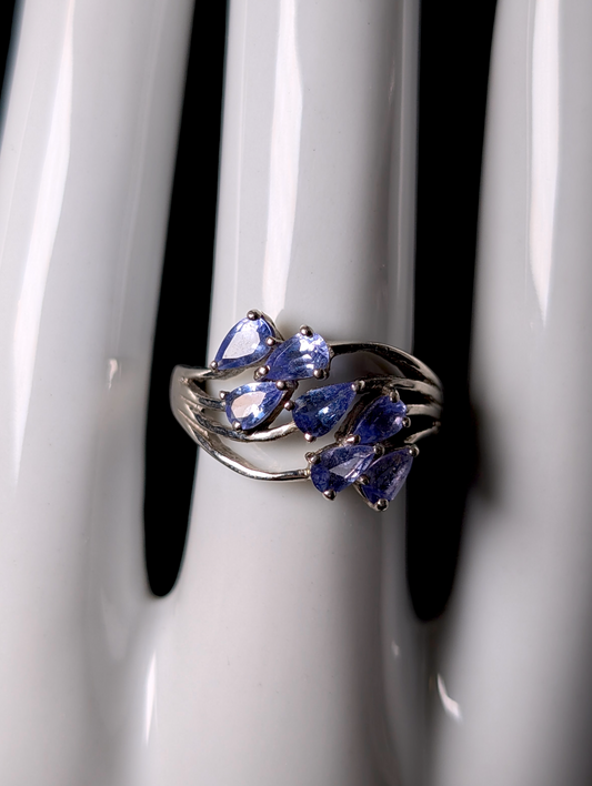 Vintage Waterfall Cluster Pear Cut Earth Mined Genuine Tanzanite Sterling Silver Ring