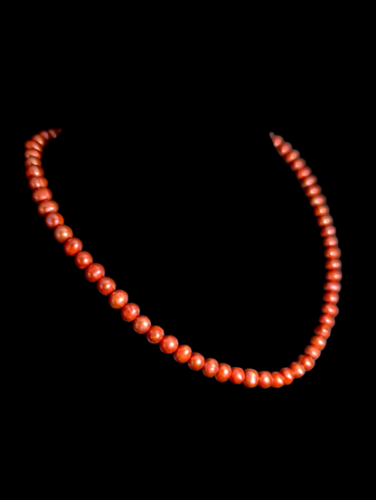 Vintage Genuine Cinnamon Orange Cultured Freshwater Pearl Oval Shaped Ringed Sterling Silver Necklace