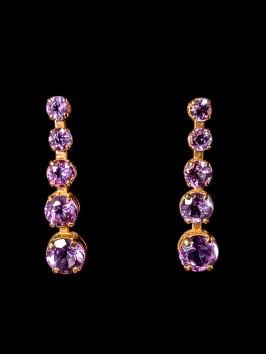 Vintage Round Cut Graduating Genuine Amethyst 14k Yellow Gold Dangle Earrings