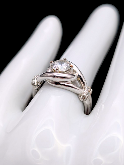 Vintage NYC Twist Knot Round Cut Simulated Diamond Silver Toned Statement Ring