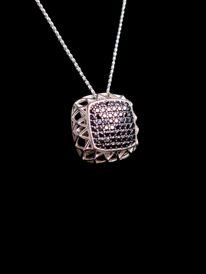 Vintage Cushion Cluster Genuine Black Onyx Sterling Silver Pendant