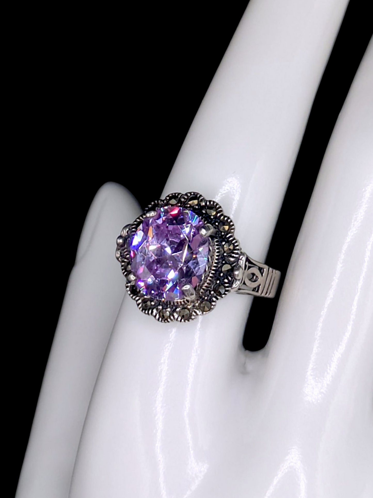 Vintage Inspired Oval Cut Purple Sapphire Solitaire on Gorgeous Ornate Mount Silver Toned Ring