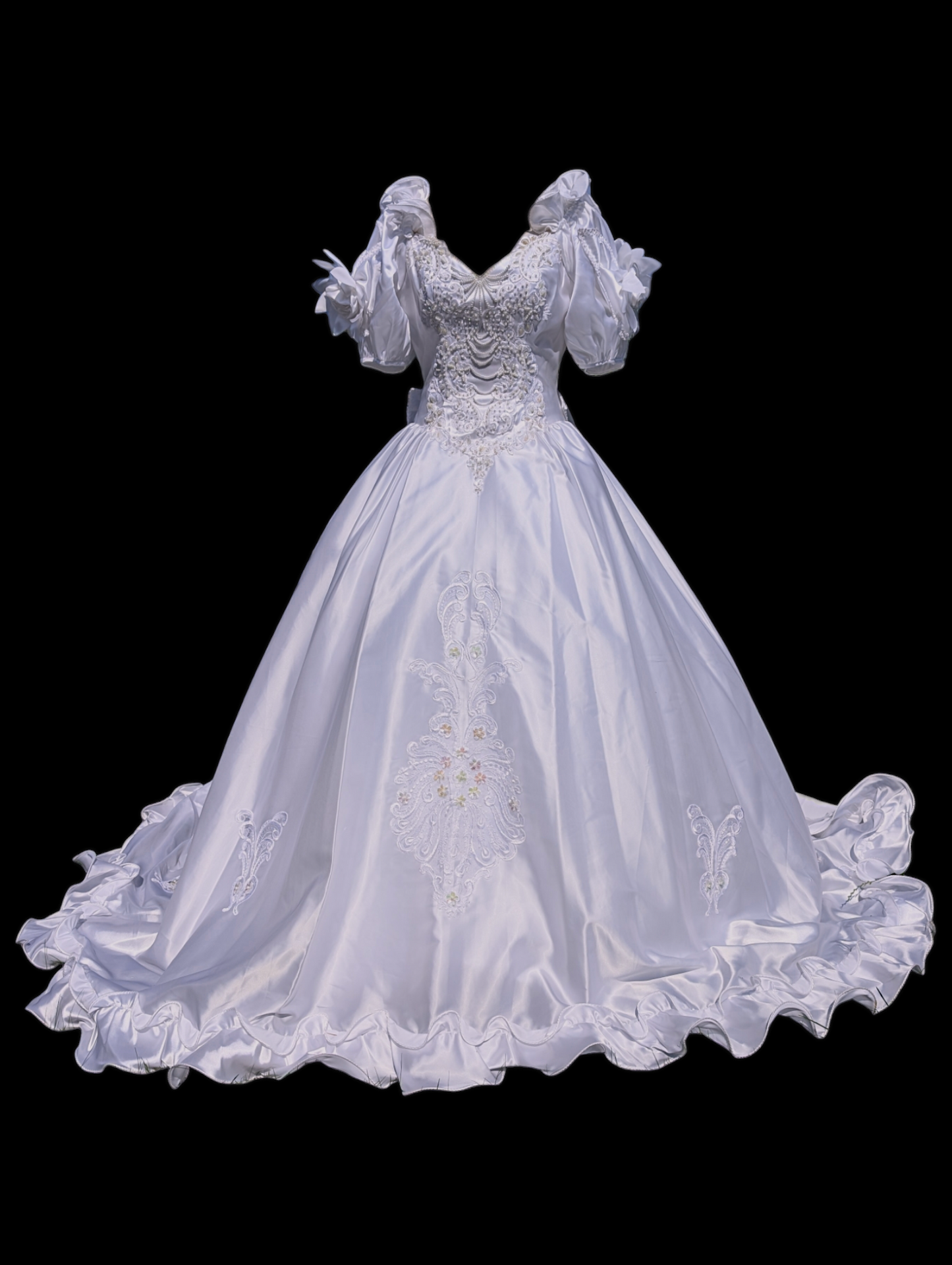 Vintage "Cinderella" Timeless White Wedding Dress with Ruffled Train, Puffed Sleeves, Rosette Details and Aurora Borealis Sequins Dripping with Pearls