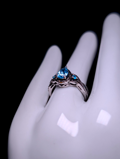 Vintage Pear Cut Solitaire Genuine London Blue Topaz Black Rhodium over Sterling Silver Ring