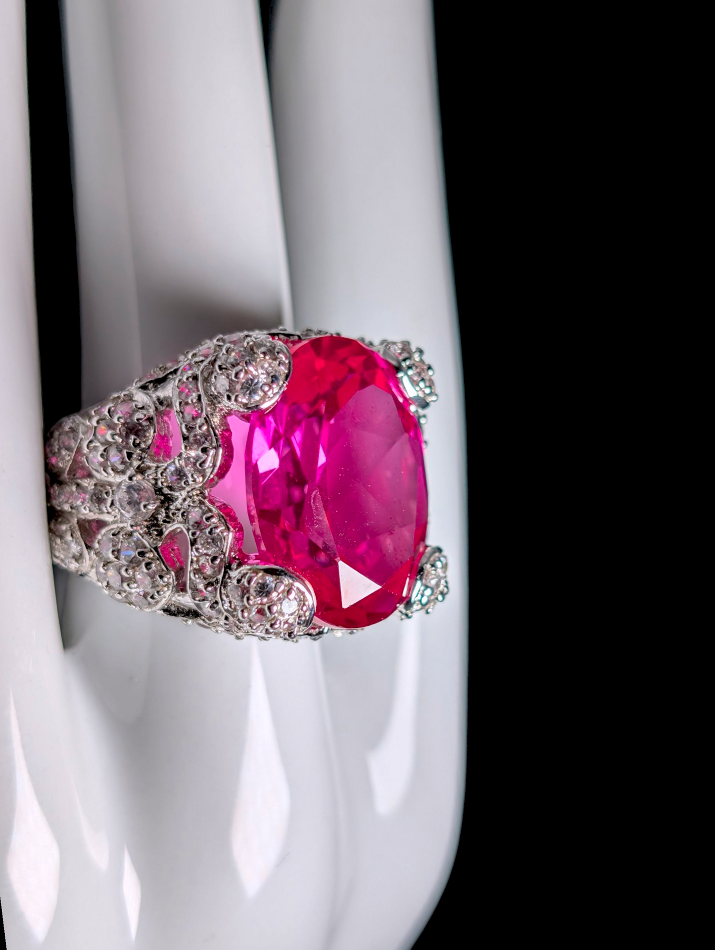 Vintage Georgian Inspired Large Genuine Pink Sapphire and Simulated Diamond Statement Cocktail Sterling Silver Ring