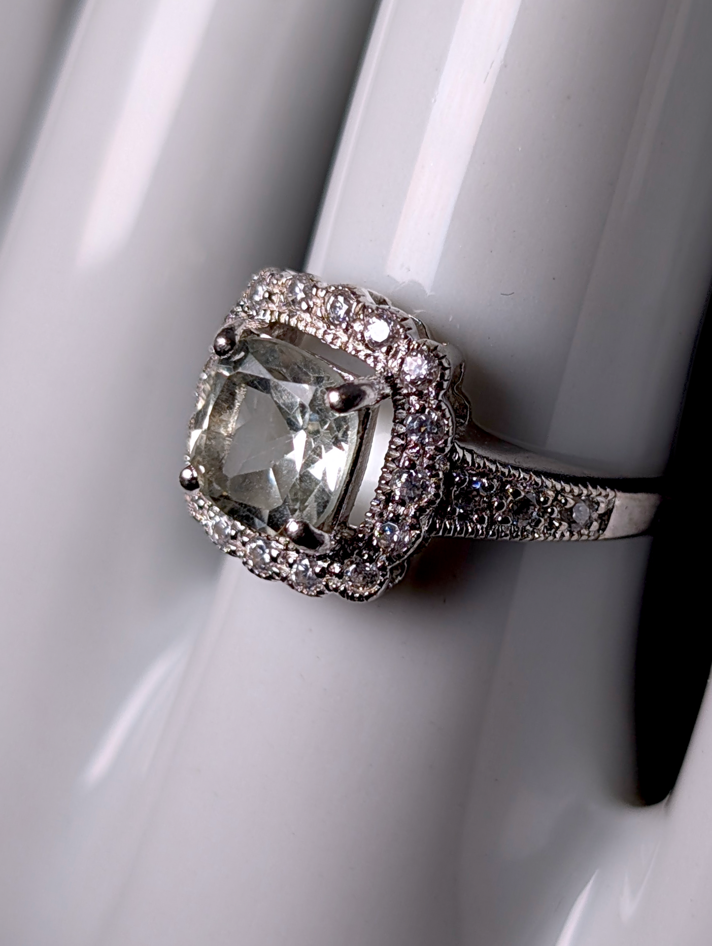 Vintage Cushion Cut Genuine Prasiolite and Simulated Diamond Halo Sterling Silver Ring