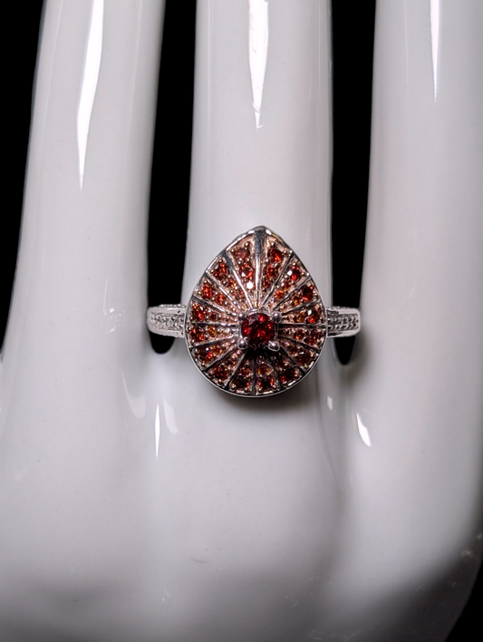 Vintage Art Deco Inspired Genuine Red Diamond Pear Shaped Cluster Sterling Silver Statement Ring