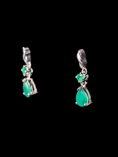 Vintage Dainty Pear Cut Genuine Green Emerald Sterling Dangle Earrings