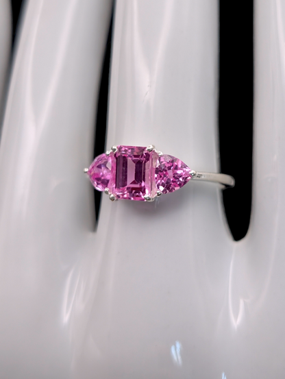 Vintage Inspired Pink Sapphire Sterling Silver Pendant, Necklace and 3 Stone Emerald Trillion Cut Ring Set