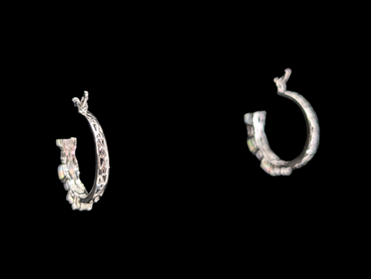 Vintage Genuine Opal and White Topaz Sterling Silver Hoop Earrings