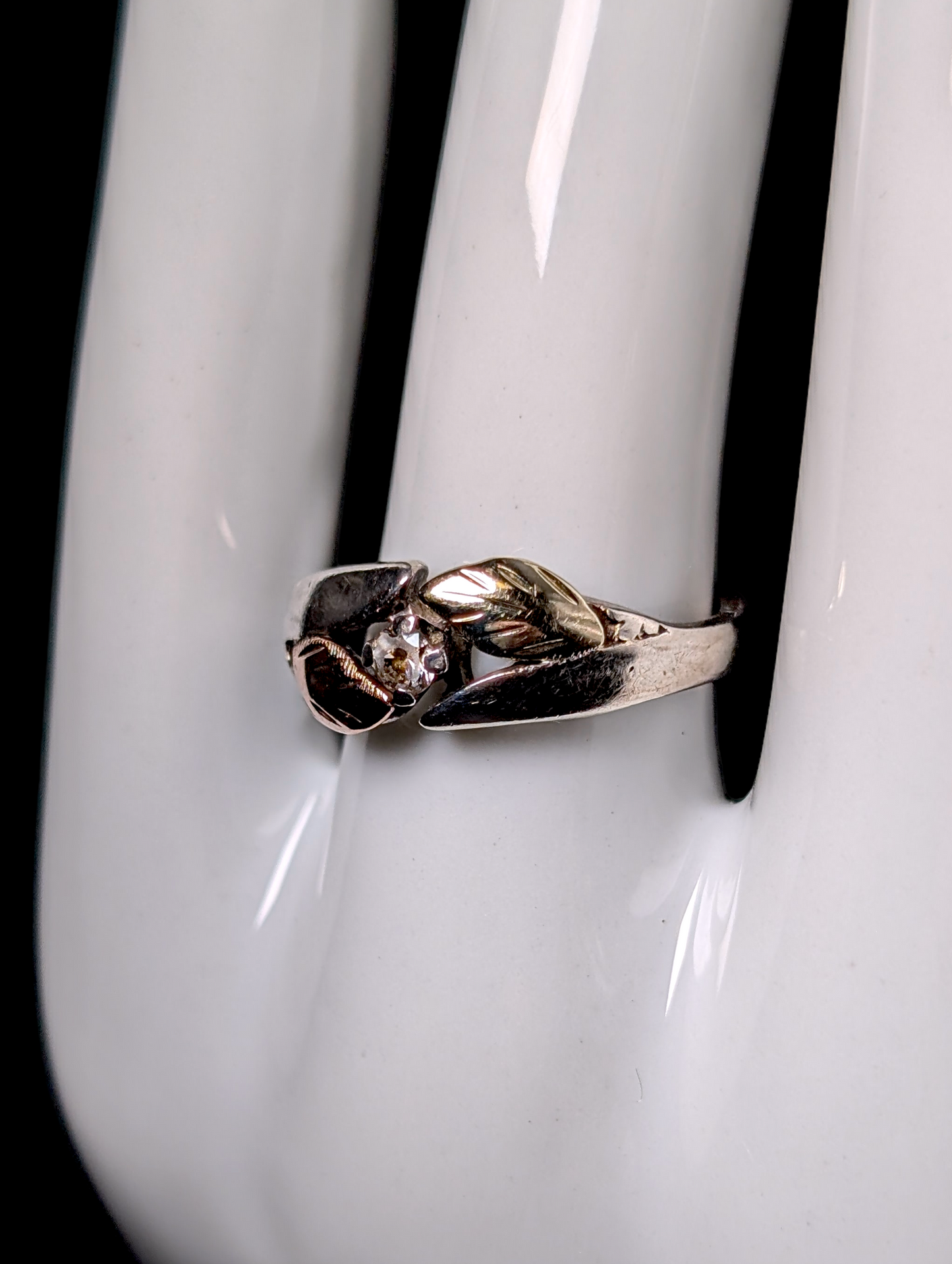 Vintage Black Hills Gold Round Cut Simulated Diamond 12K Gold and Rose Gold Leaf Sterling Silver Ring