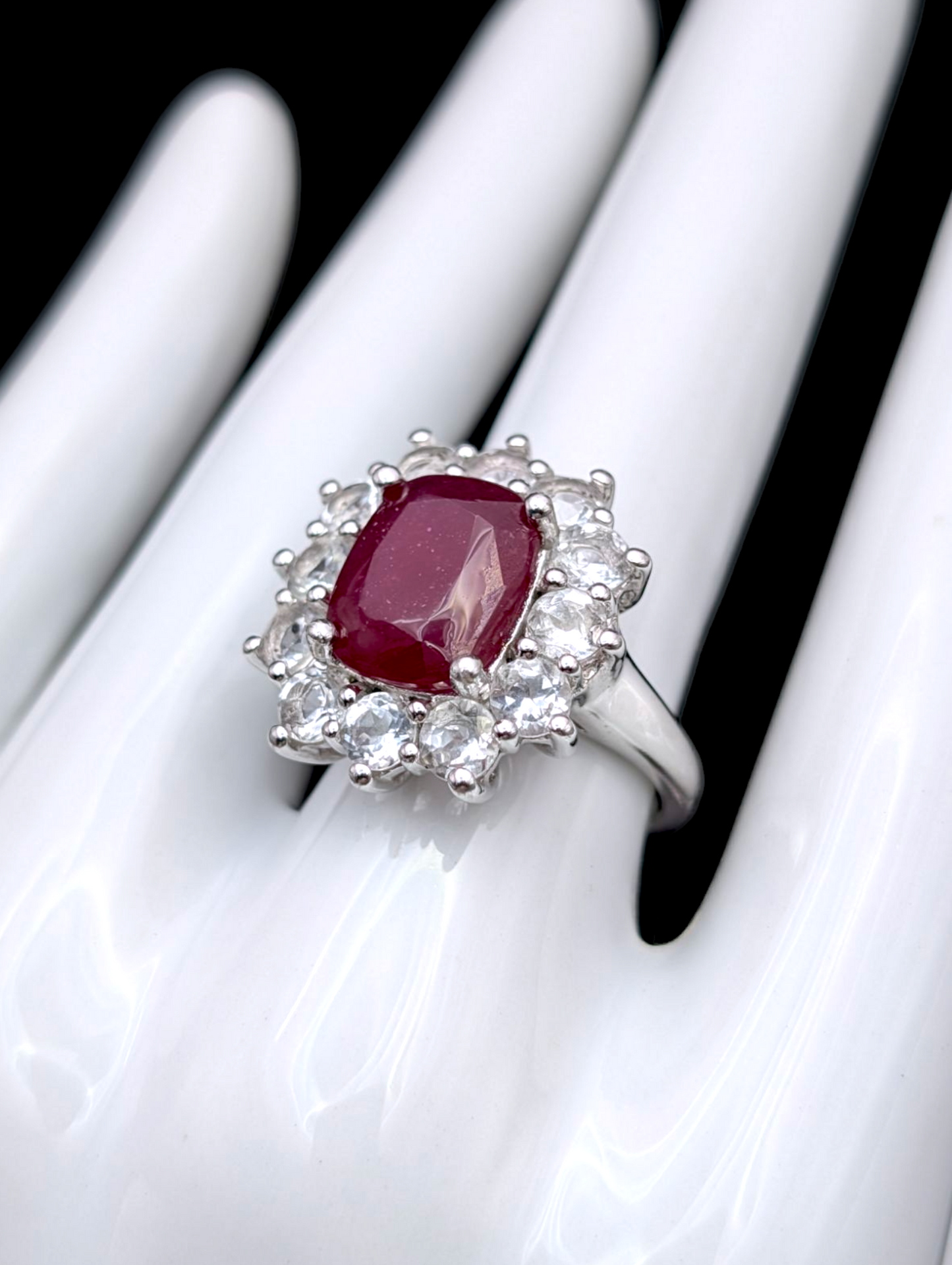 Vintage Earth Mined Genuine Ruby Rectangular Cushion Cut Solitaire and White Topaz Halo Rhodium over Sterling Silver Statement Ring
