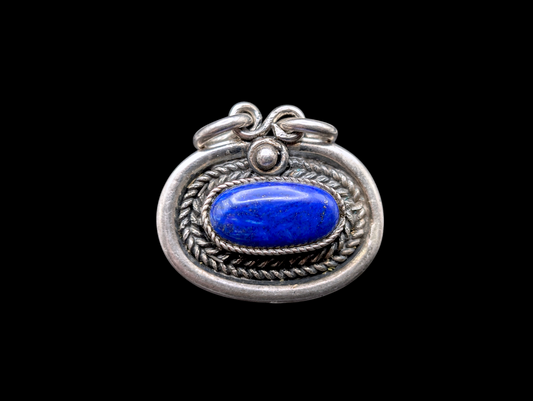 Vintage Bezel Set Genuine Lapis Lazuli Sterling Silver Braided Rope Pendant