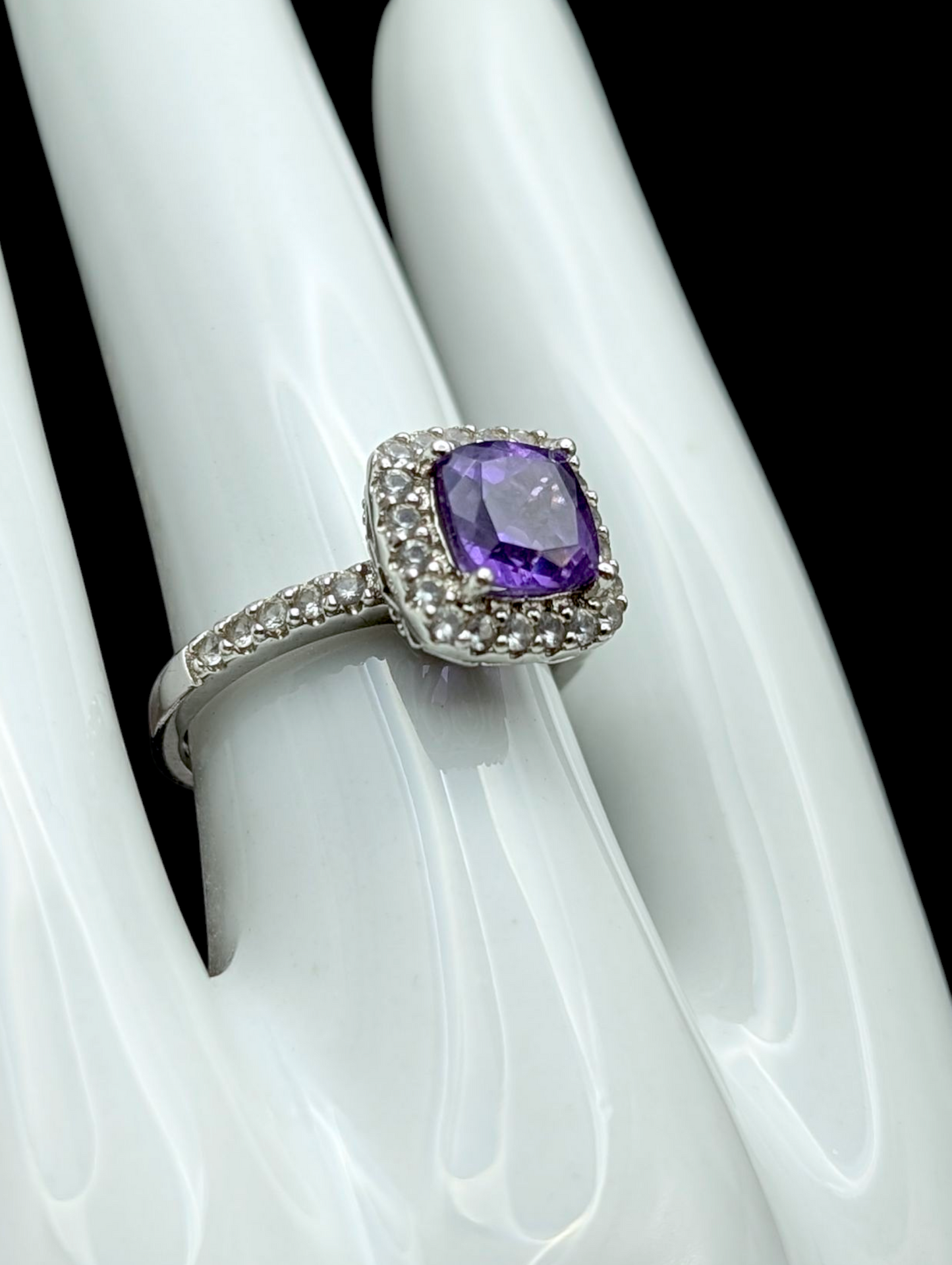 Vintage Cushion Cut Solitaire Genuine Grape Amethyst and White Topaz Halo Sterling Silver Ring