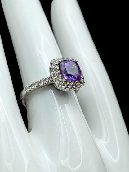 Vintage Cushion Cut Solitaire Genuine Grape Amethyst and White Topaz Halo Sterling Silver Ring