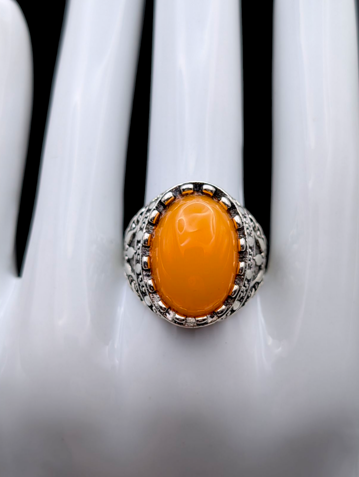 Vintage Unique Simulated Amber Daisy Filigree Silver Toned Cocktail Turkish Statement Ring