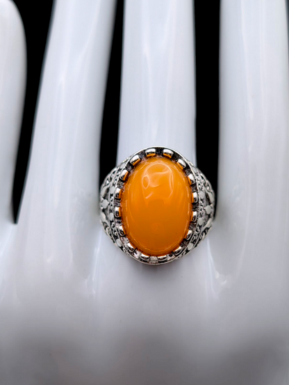 Vintage Unique Simulated Amber Daisy Filigree Silver Toned Cocktail Turkish Statement Ring