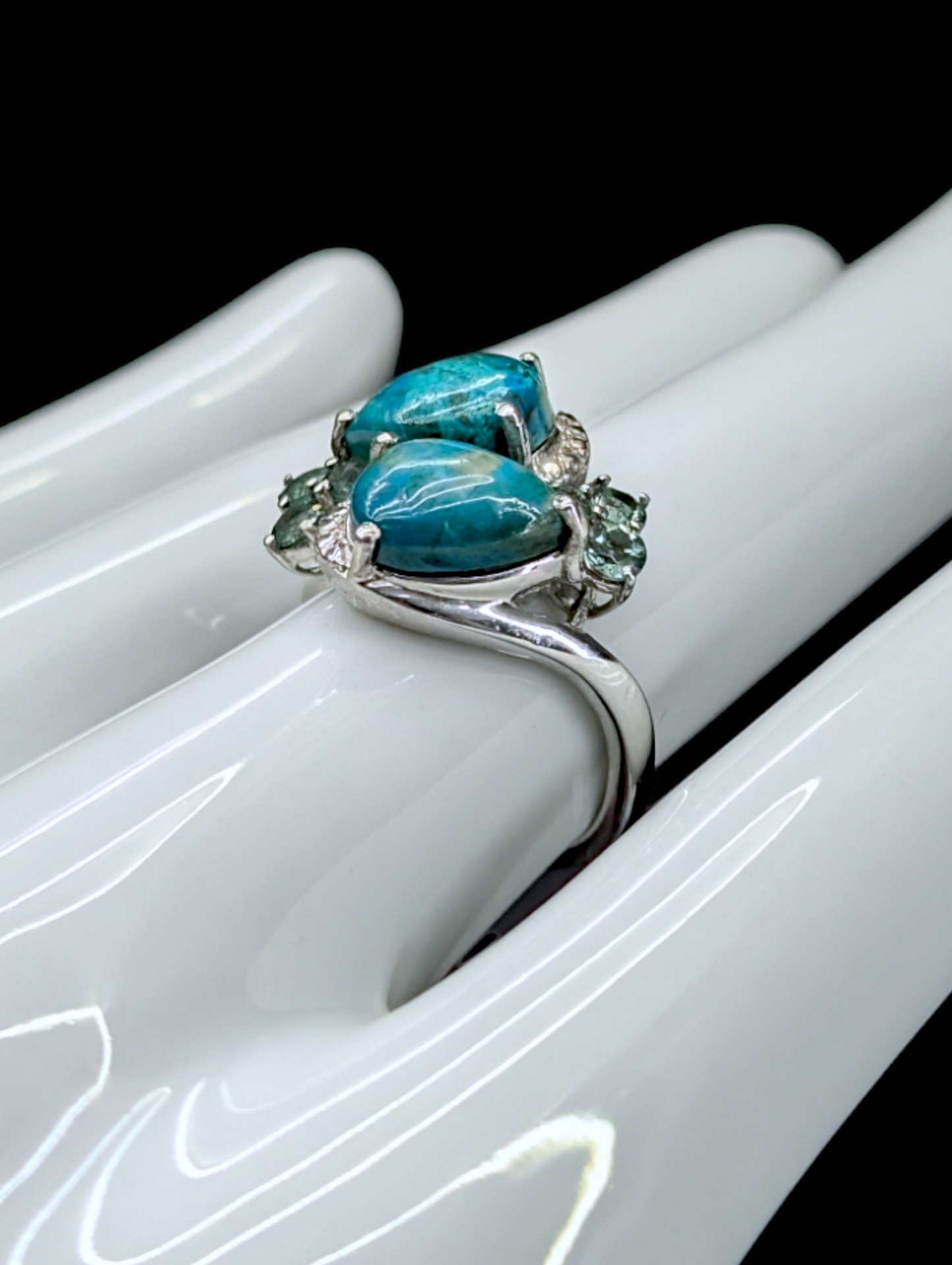 Vintage Genuine Kingsman Turquoise Double Pear Cut with Blue Green Tourmaline Accents Sterling Silver Ring