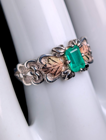 Vintage Black Hills Gold Emerald Cut Genuine Helenite 12K Gold and Sterling Silver Ring