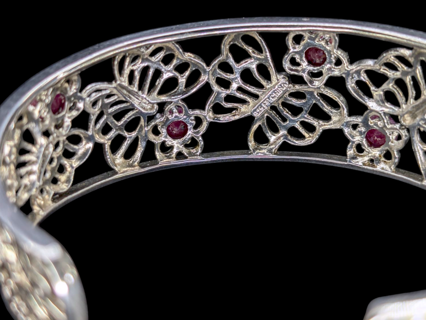 Vintage Genuine Ruby Gemstone Sterling Silver Butterfly Filigree Cuff Bracelet