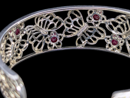 Vintage Genuine Ruby Gemstone Sterling Silver Butterfly Filigree Cuff Bracelet