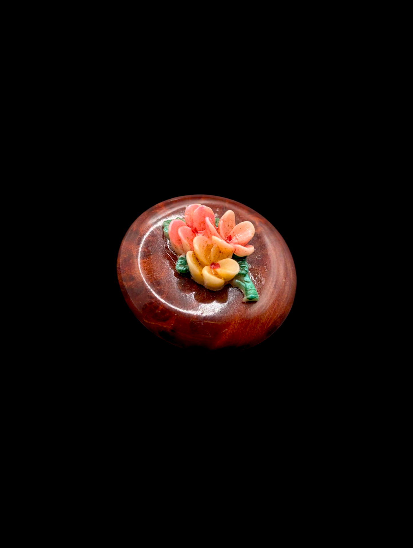 Vintage 1940s Dainty Burl Wood and Celluloid Carved Flower Brooch Pin