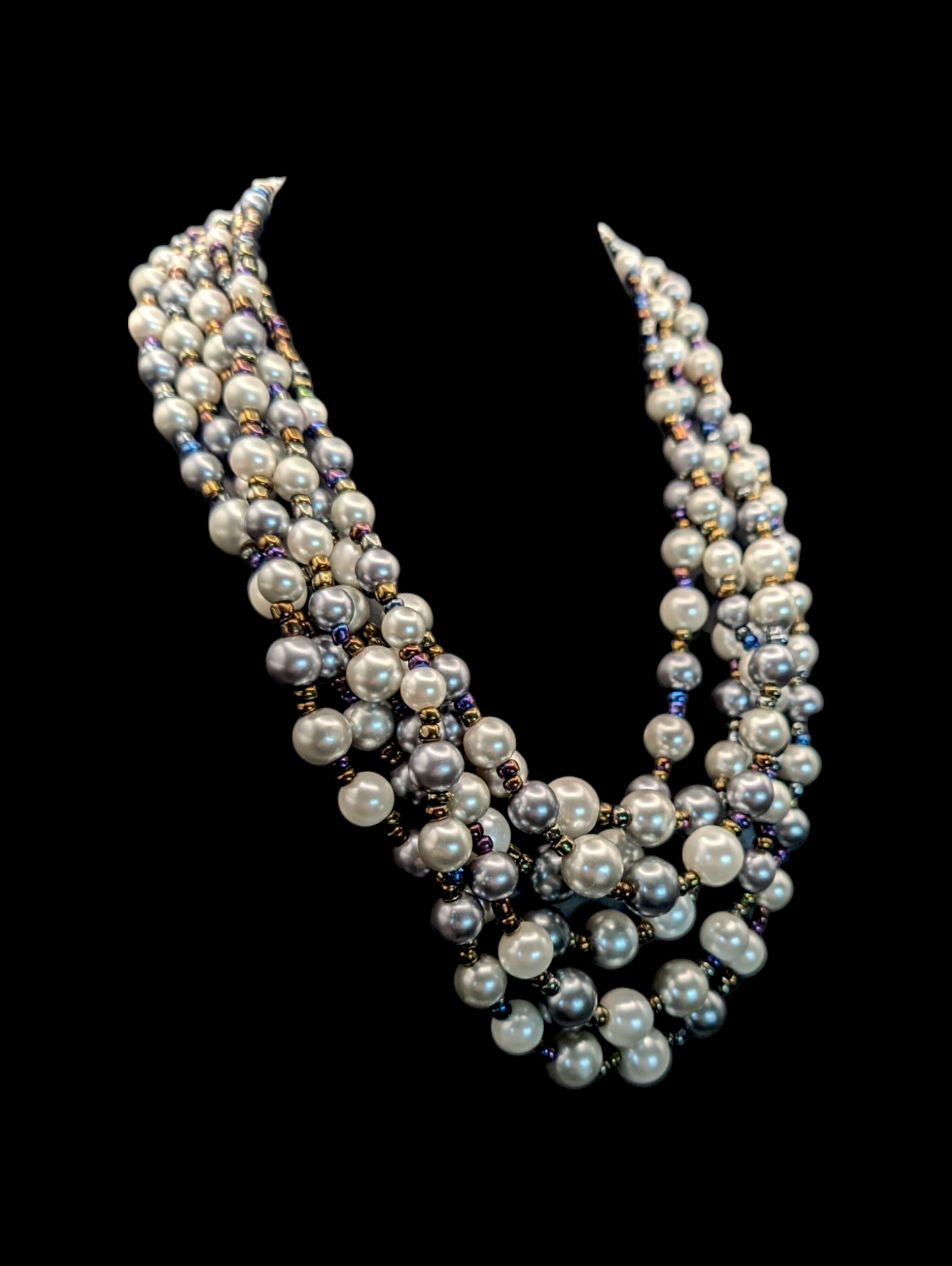 Vintage Unique 6 Strand Glass Pearl and Peacock Colored Crystal Bead Statement Necklace