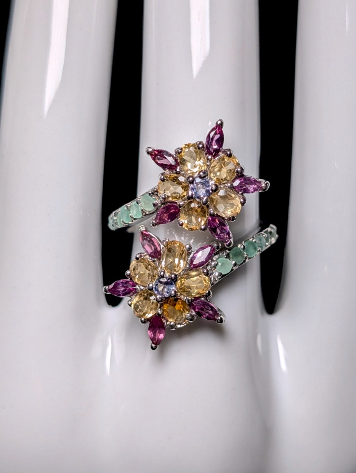 Vintage Flower Starburst Genuine Emerald, Citrine, Garnet and Tanzanite Sterling Silver Wrap Ring