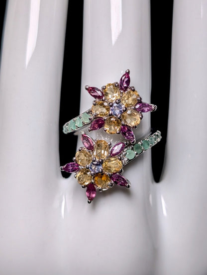 Vintage Flower Starburst Genuine Emerald, Citrine, Garnet and Tanzanite Sterling Silver Wrap Ring