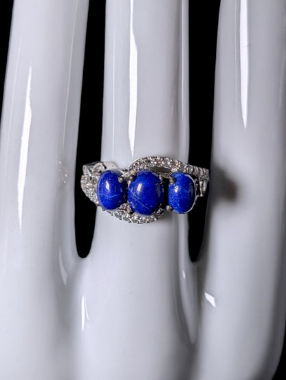 Vintage Genuine Lapis Lazuli and White Topaz Cross Over Sterling Silver Ring