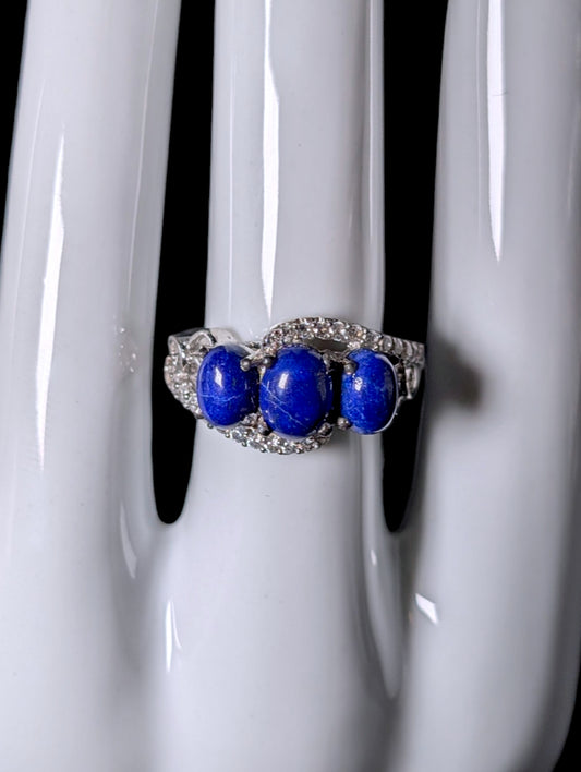 Vintage Genuine Lapis Lazuli and White Topaz Cross Over Sterling Silver Ring