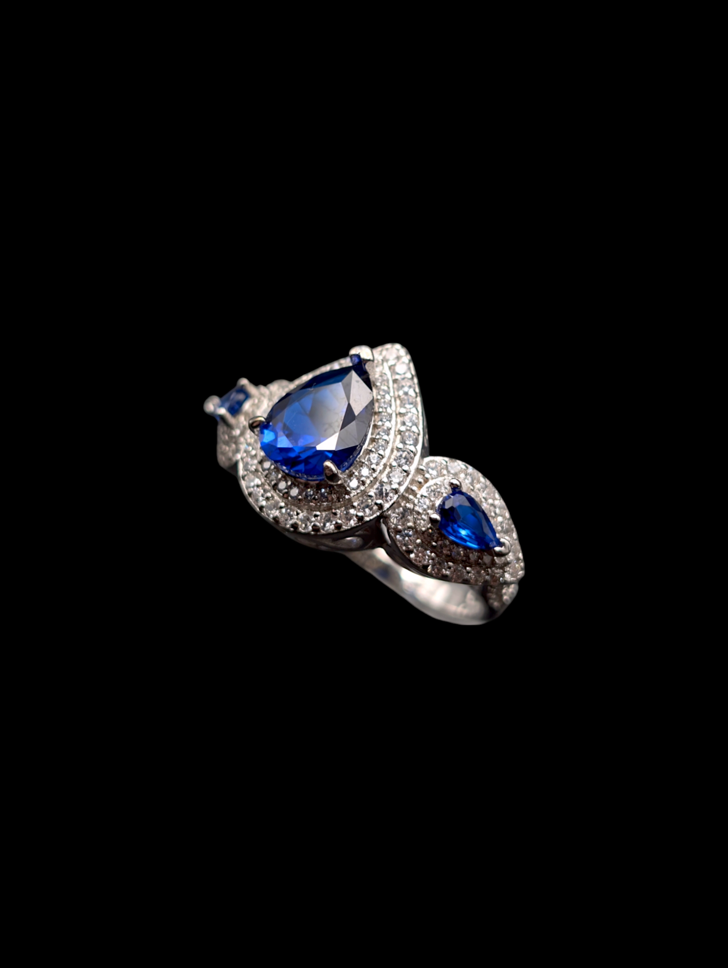 Vintage Inspired Cornflower Blue Pear Cut Genuine Spinel and Diamond Double Halo Sterling Silver Ring