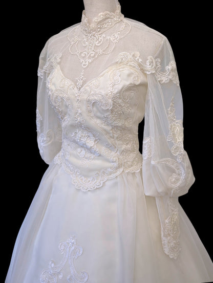 Vintage 1980s Victorian Revival Pearl and Sequin Beaded with Mutton Sleeves Wedding Dress
