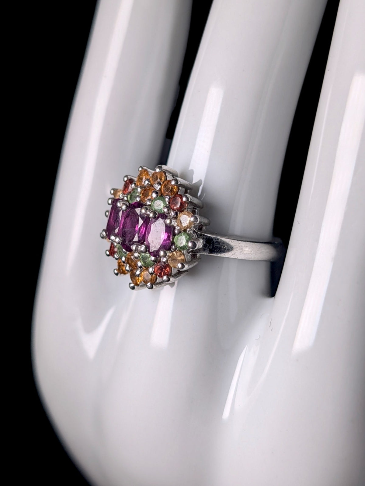 Vintage Fruit Cocktail Genuine Garnet and Mixed Gemstone Sterling Silver Ring