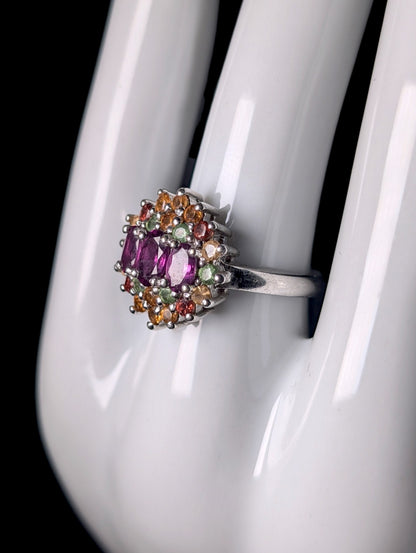 Vintage Fruit Cocktail Genuine Garnet and Mixed Gemstone Sterling Silver Ring