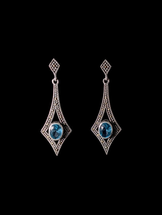 Vintage Art Deco Inspired Oval Bezel Genuine Sky Blue Topaz and Marcasite Dangle Sterling Silver Earrings