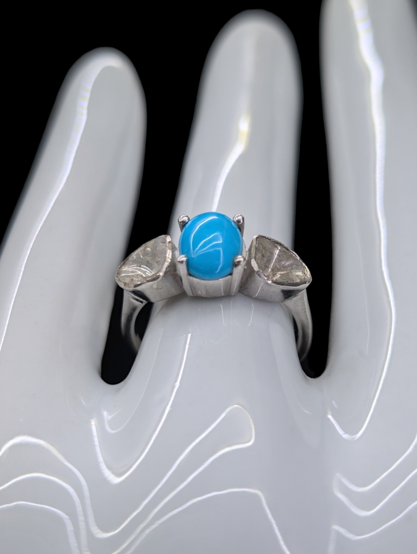 Vintage D'Joy Genuine Earth Mined Diamond and Genuine Sleeping Beauty Turquoise Sterling Silver Ring