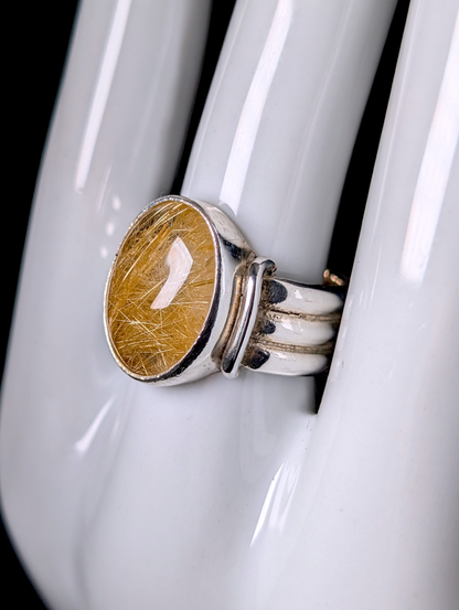 Vintage Bezel Set Oval Cabochon Genuine Golden Rutilated Quartz Solitaire Sterling Silver Men's Pinky Ring