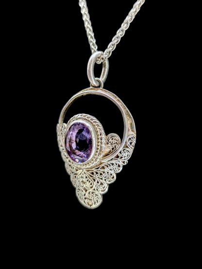 Vintage Victorian Inspired Genuine Amethyst Sterling Silver Filigree Pendant