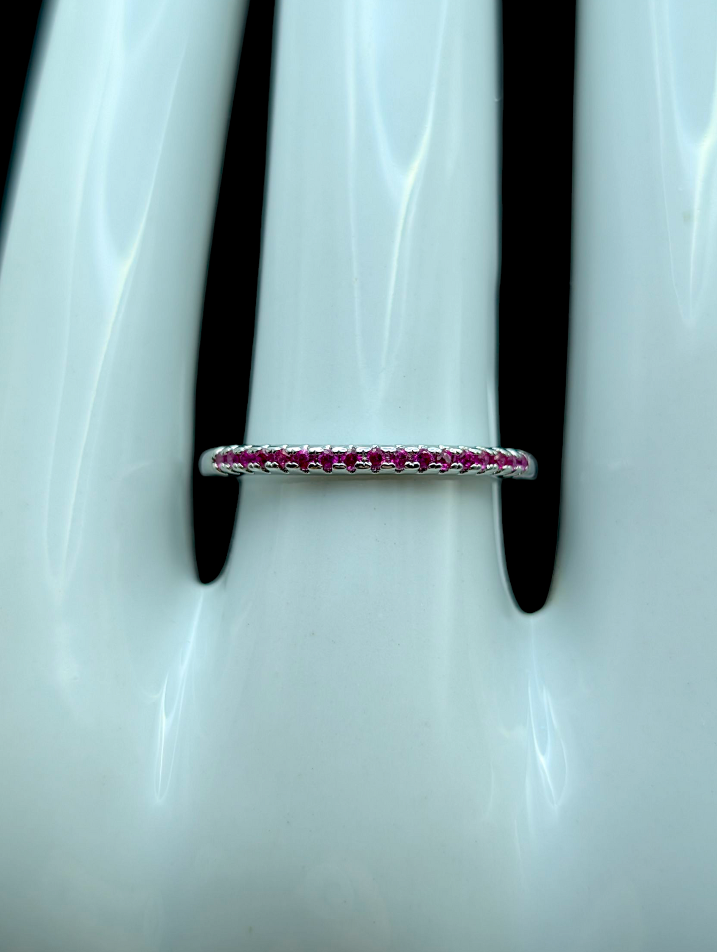 Vintage Inspired Genuine Ruby Dainty Half Eternity Silver Toned Stacking Ring Band