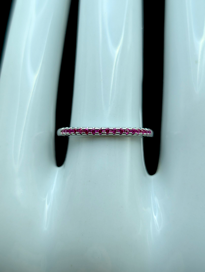 Vintage Inspired Genuine Ruby Dainty Half Eternity Silver Toned Stacking Ring Band