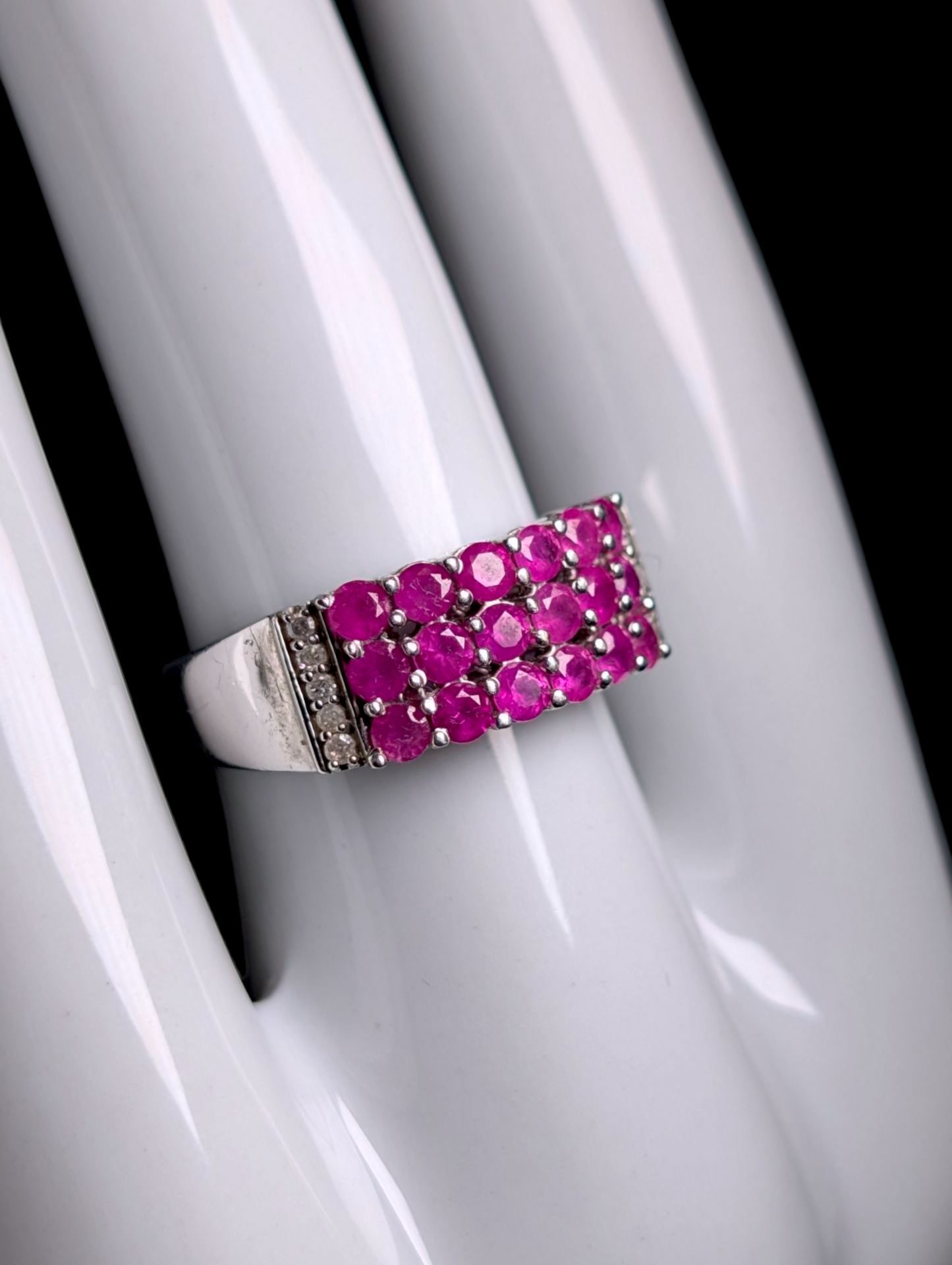 Vintage Three Row Genuine Ruby and Diamond Accent Sterling Silver Cocktail Statement Ring