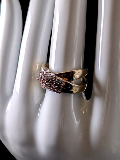 Vintage Designer Heng Ngai 10kt Solid Yellow Gold Genuine White and Chocolate Diamond Cross Over Band Ring