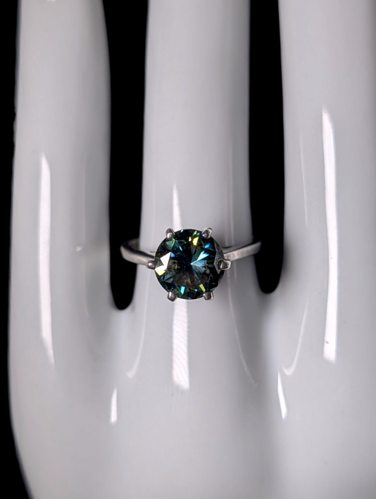 Vintage Round Cut Genuine Teal Moissanite Solitaire Sterling Silver Ring