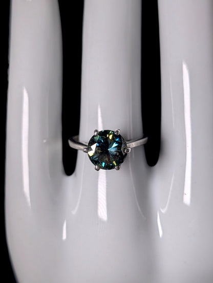 Vintage Round Cut Genuine Teal Moissanite Solitaire Sterling Silver Ring
